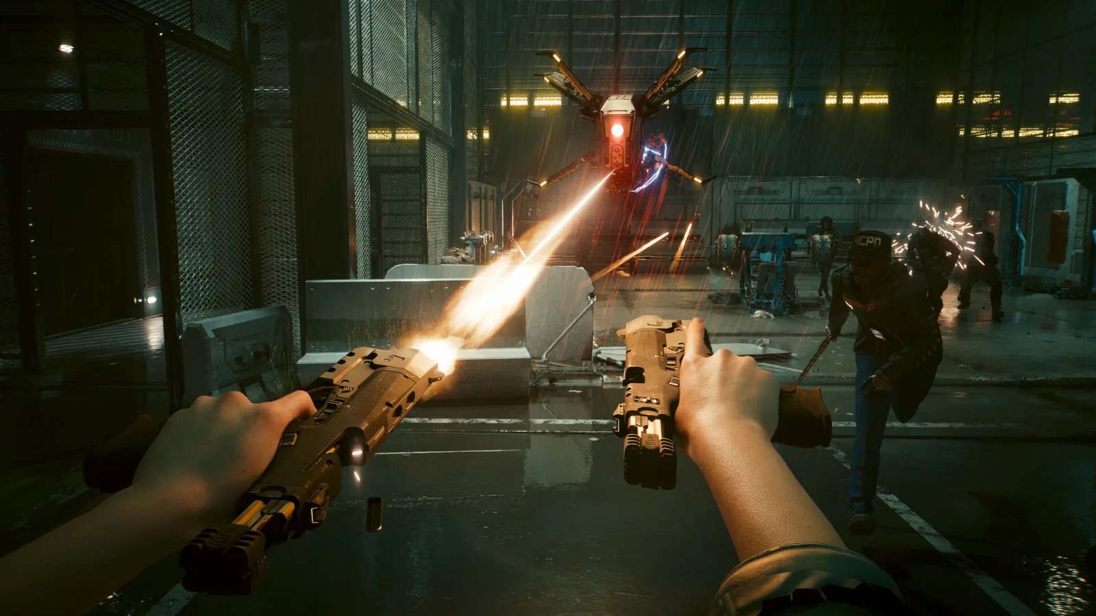 Two pistols held at arm's length open fire inside a Cyberpunk 2077 warehouse