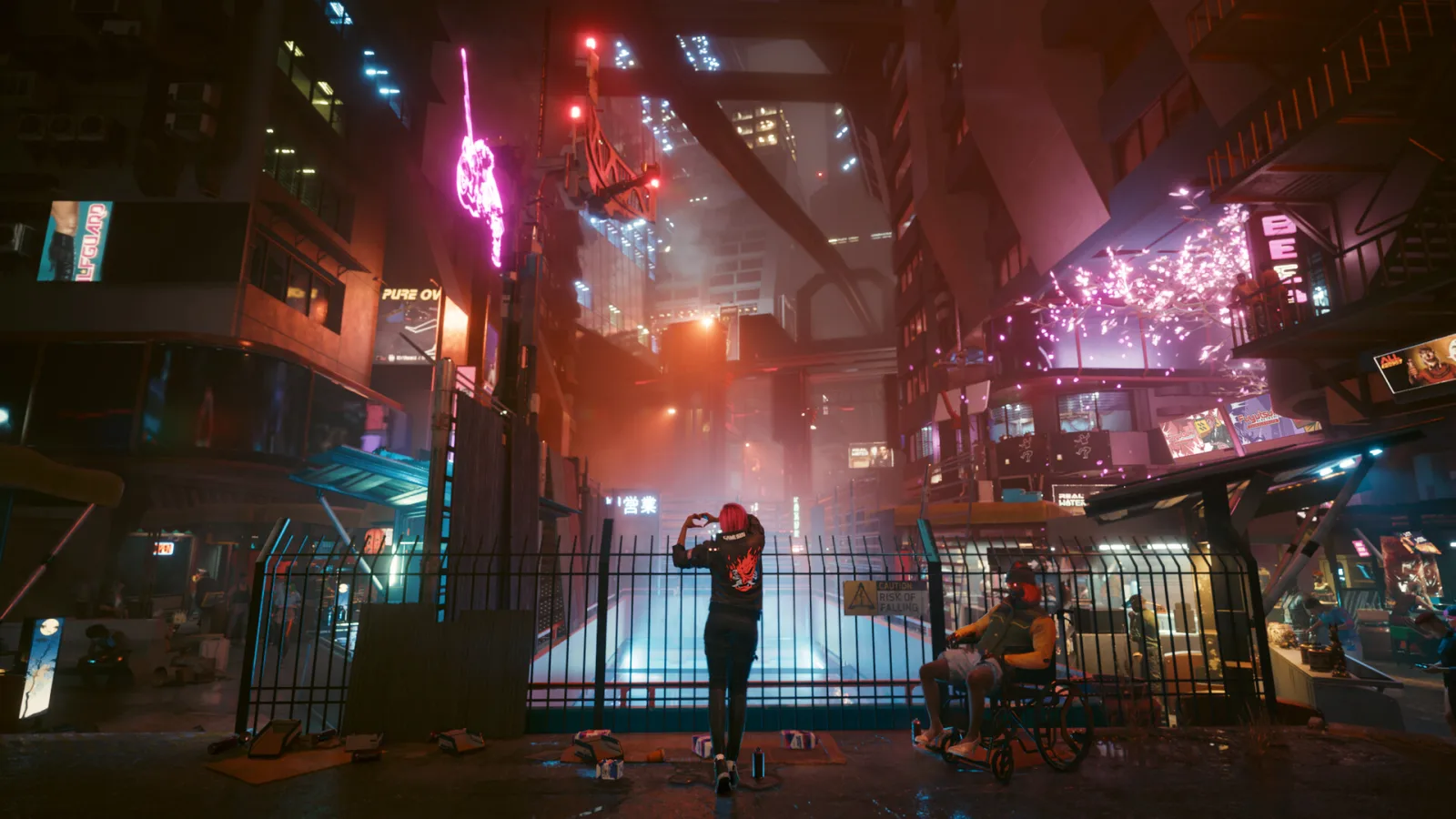 In Cyberpunk 2077, a lone figure photographs a Night City street bathed in neon