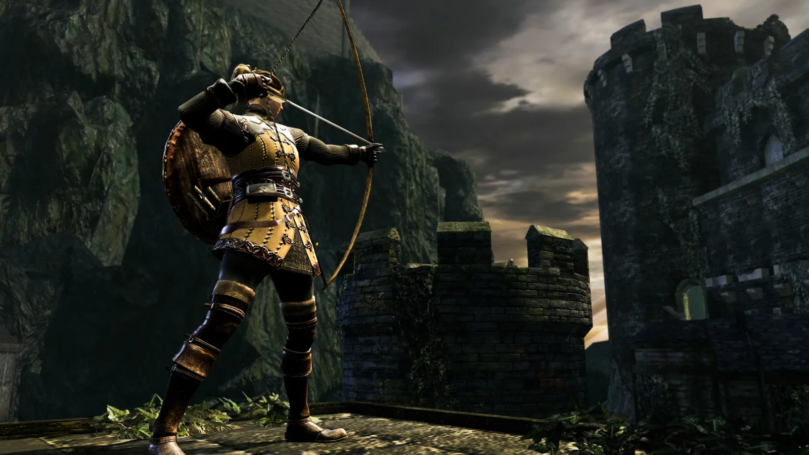Dark Souls, un archer bande son arc sur les remparts d'un château
