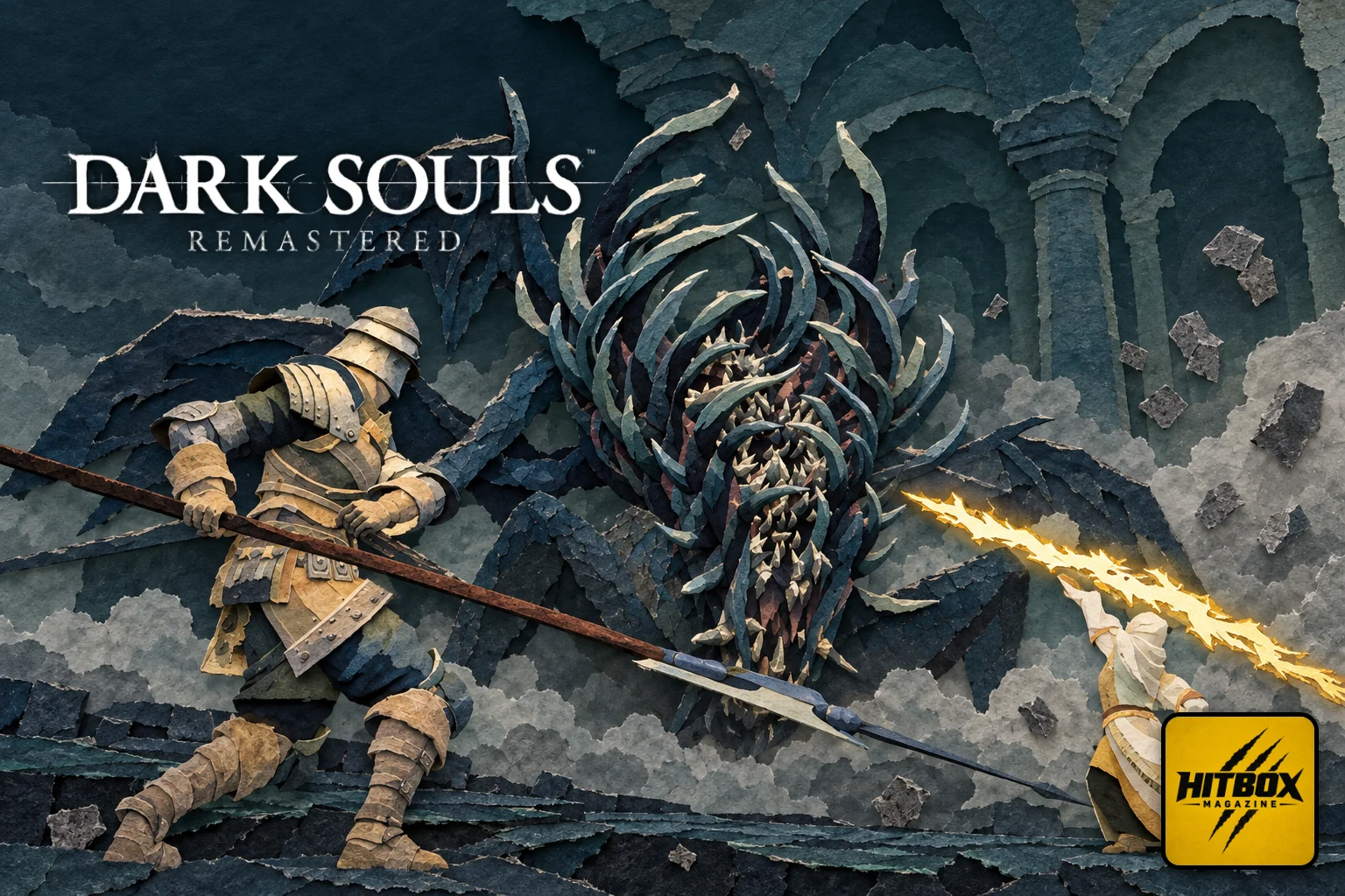 Dark Souls en papier découpé, des chevaliers affrontent une créature géante