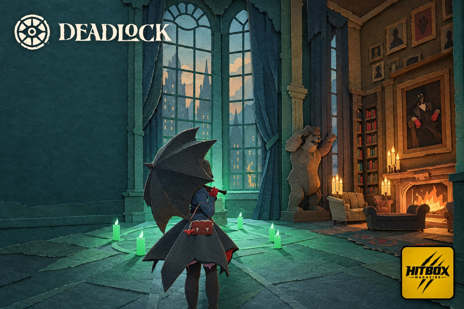 Deadlock paper-cut art, a hooded hero in a green gothic parlour