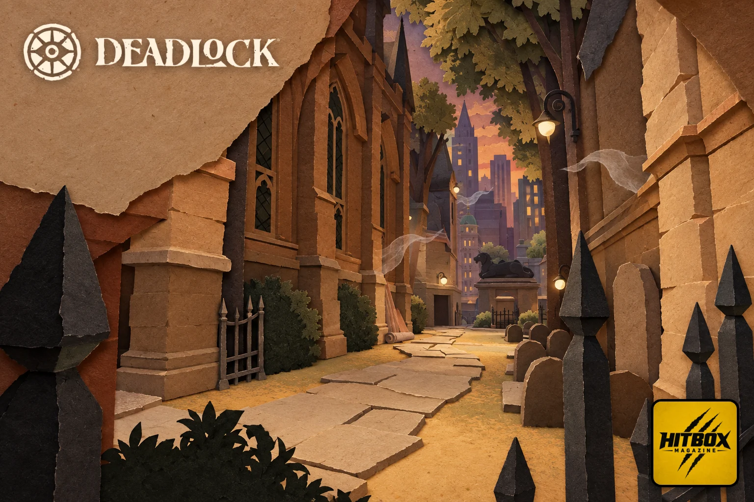 Deadlock paper-cut art, a gothic New York street at dusk with ghostly wisps