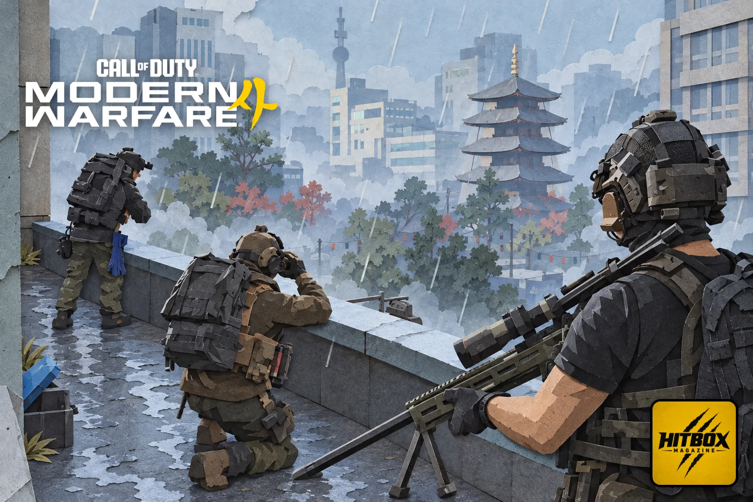 Three soldiers watch a rain-soaked city and its pagoda from a rooftop in DMZ