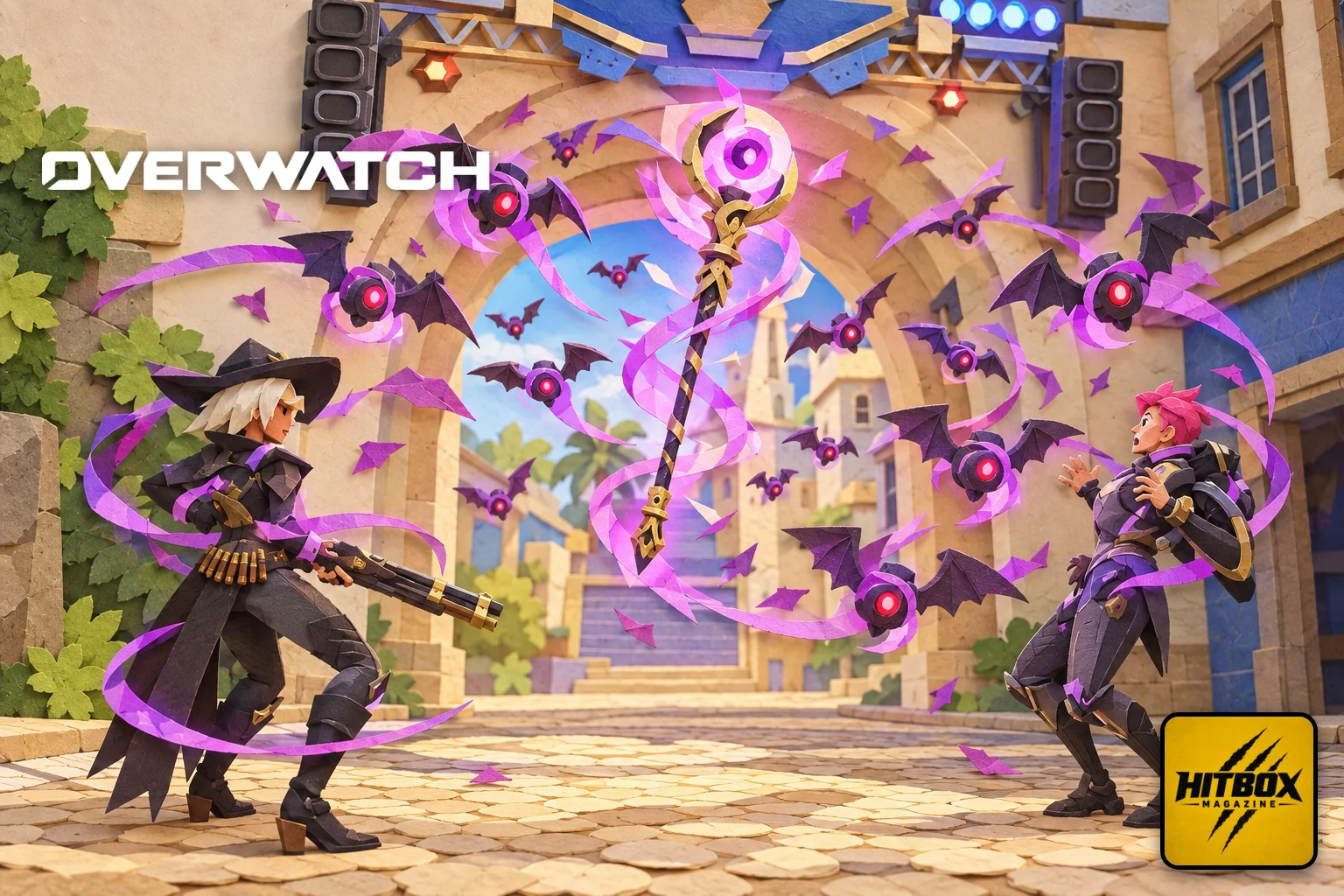 Doctrine's violet sceptre unleashes bat drones across an Overwatch plaza