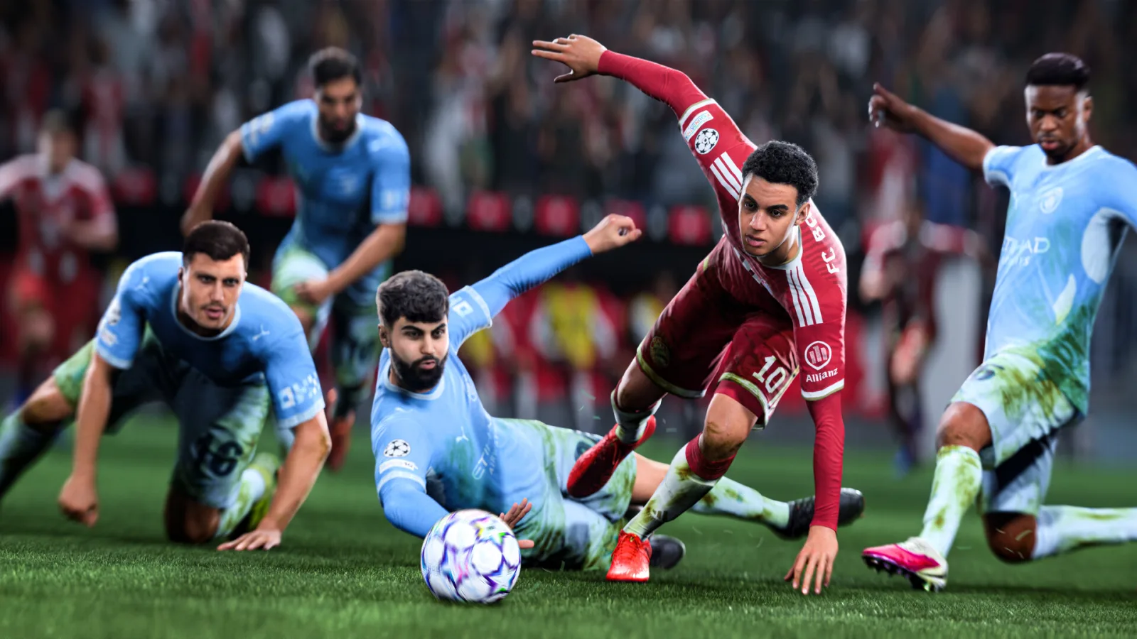 A number 10 in red dodges sliding defenders in EA Sports FC 27