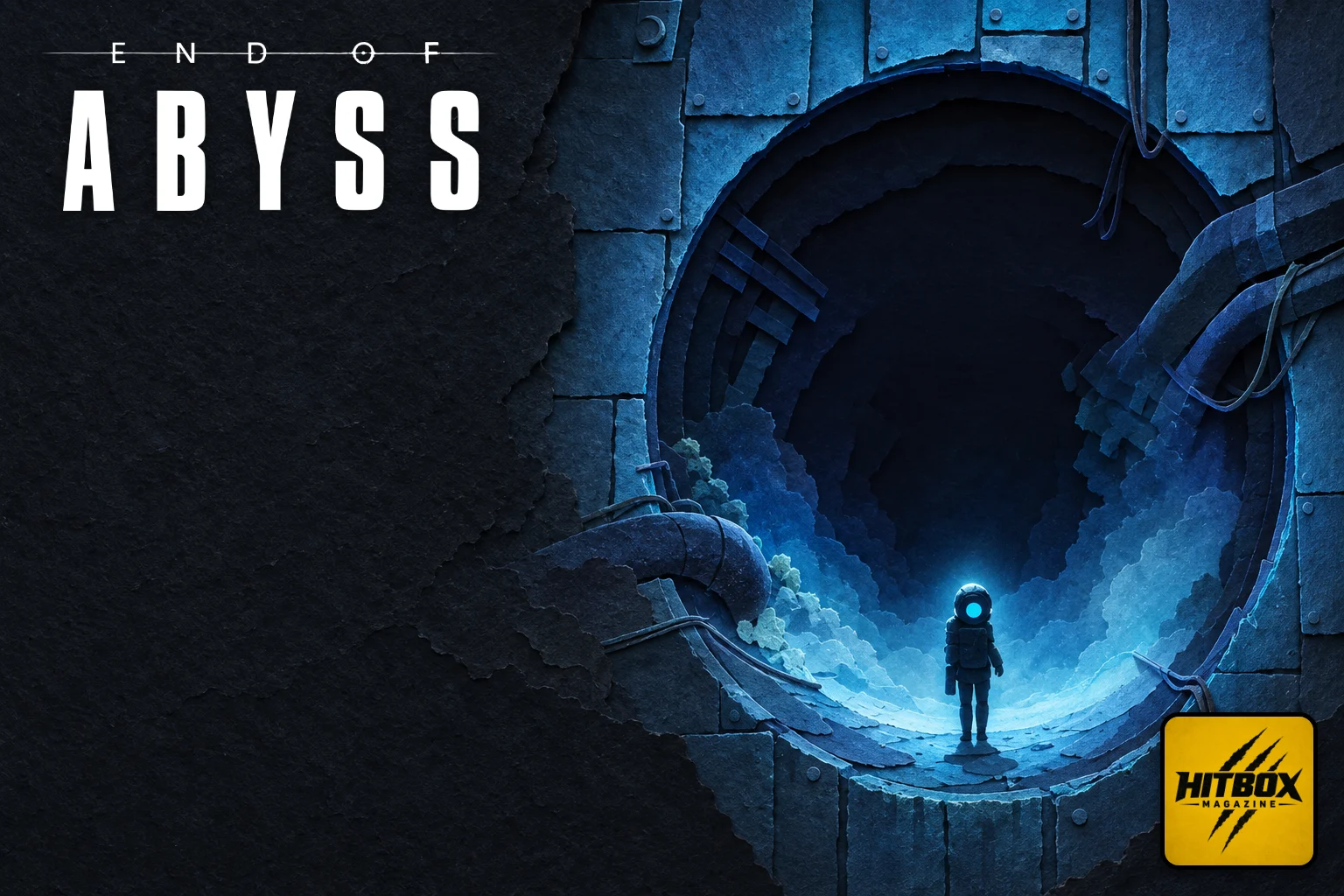 End of Abyss en papier découpé, une silhouette au pied d'un immense portail circulaire