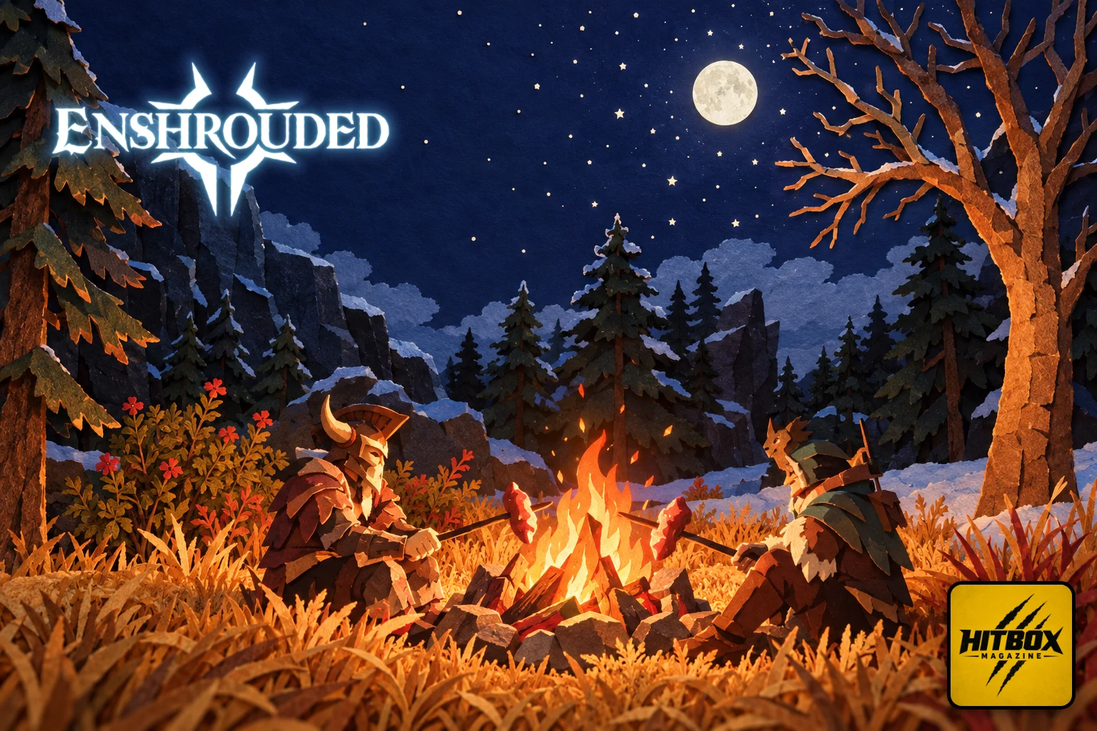 Two adventurers roast meat over a campfire under a full moon in Enshrouded