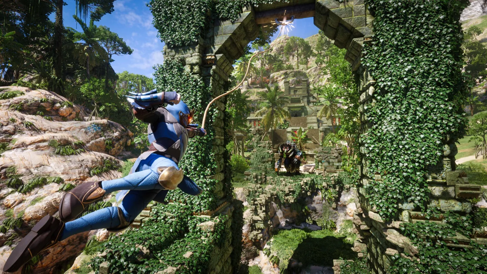 A player in blue armour swings on a grappling hook towards an ivy-covered stone arch in Enshrouded