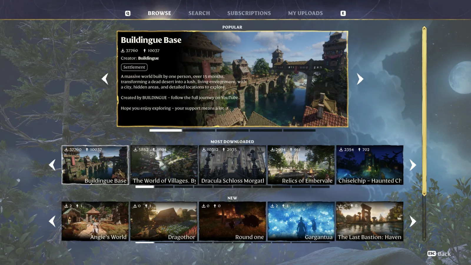 Enshrouded's Adventure Sharing menu showcasing the community's most downloaded bases