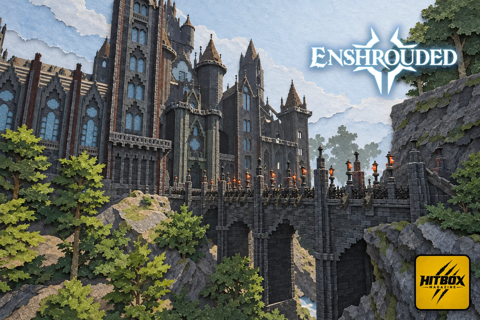 A towering gothic castle and its stone bridge loom over a wooded cliff in Enshrouded