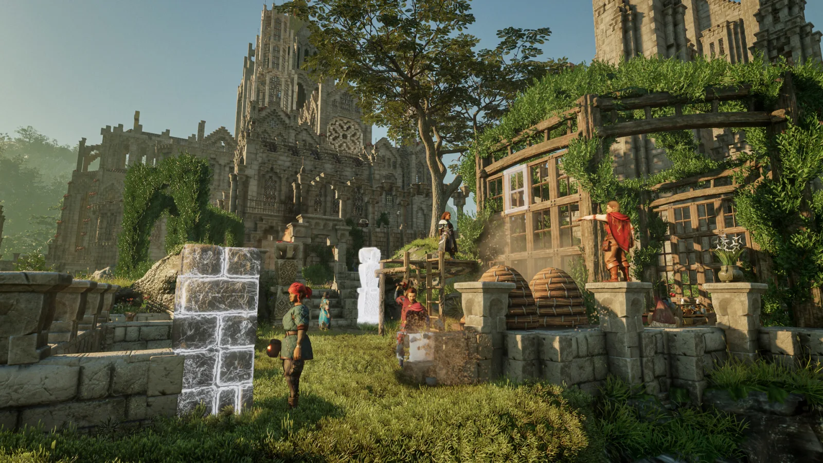 A builder sets stone blocks in front of an overgrown gothic ruin in Enshrouded