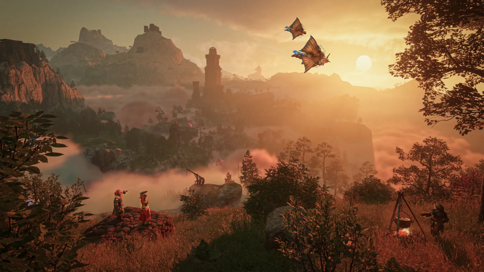 Two adventurers glide over a golden Enshrouded valley as the sun goes down