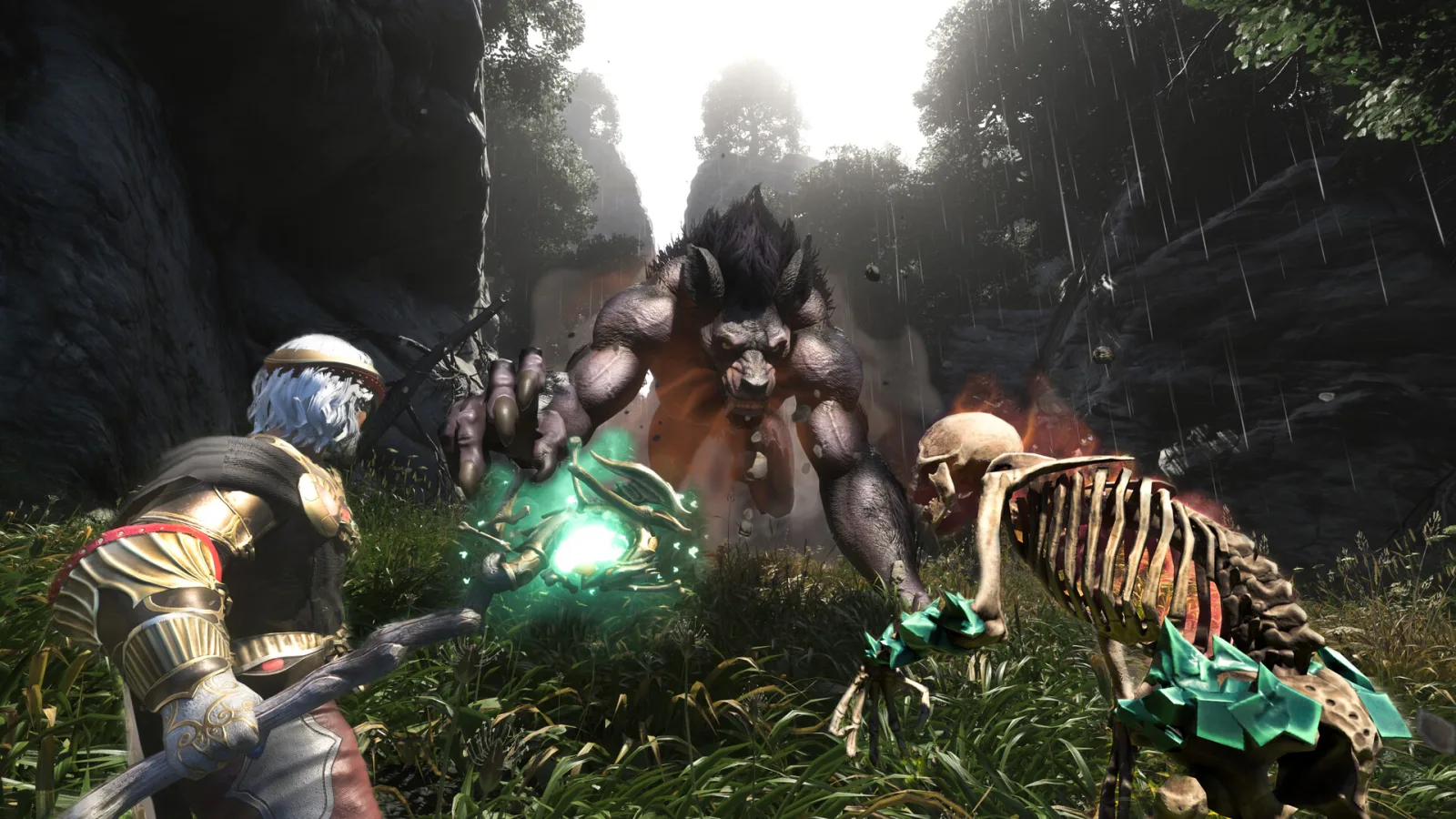 Deep in an Enshrouded forest, an armoured warrior squares up to a horned beast and a skeleton