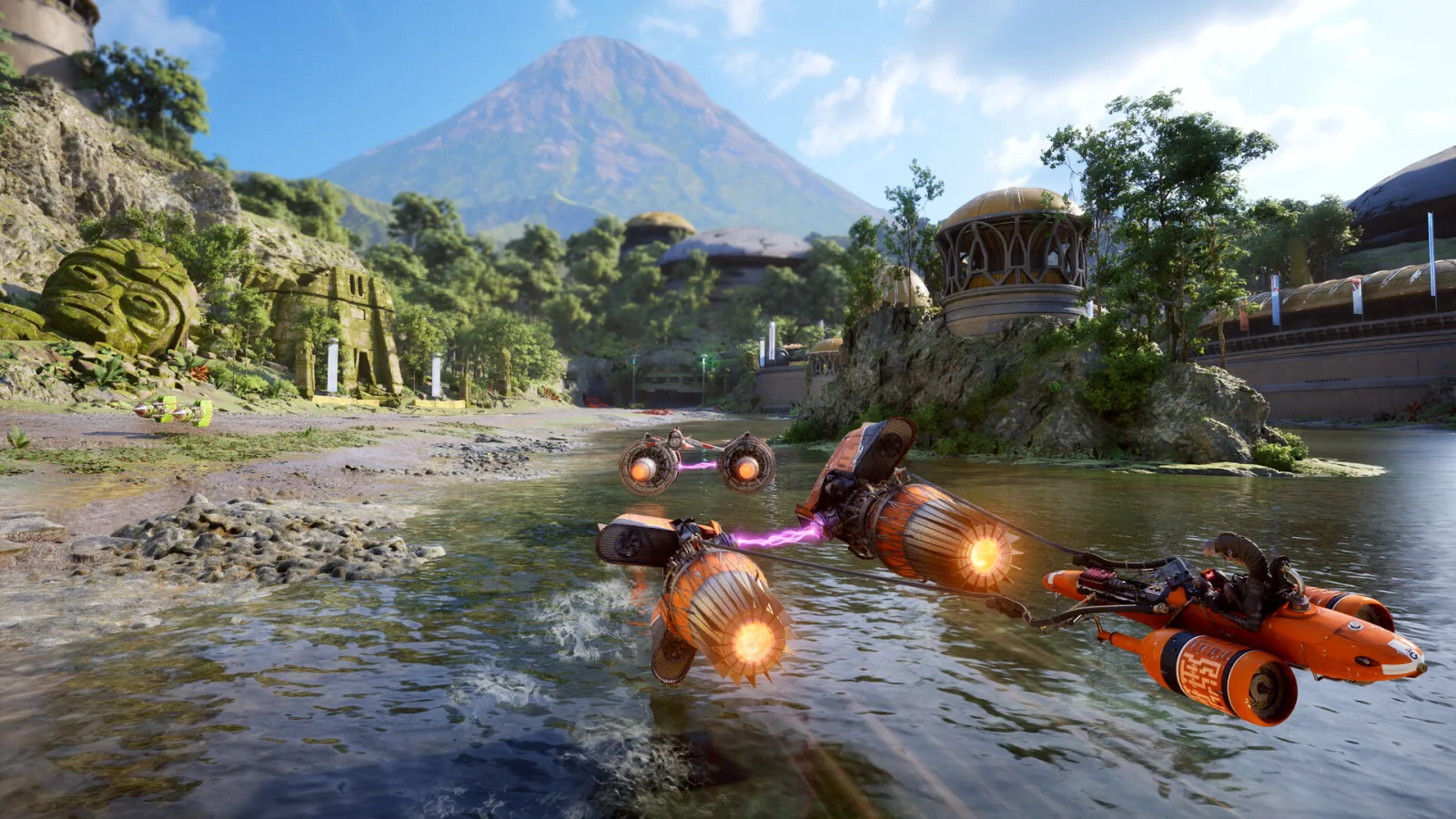 Orange podracers skim a river below a volcano in Star Wars: Galactic Racer