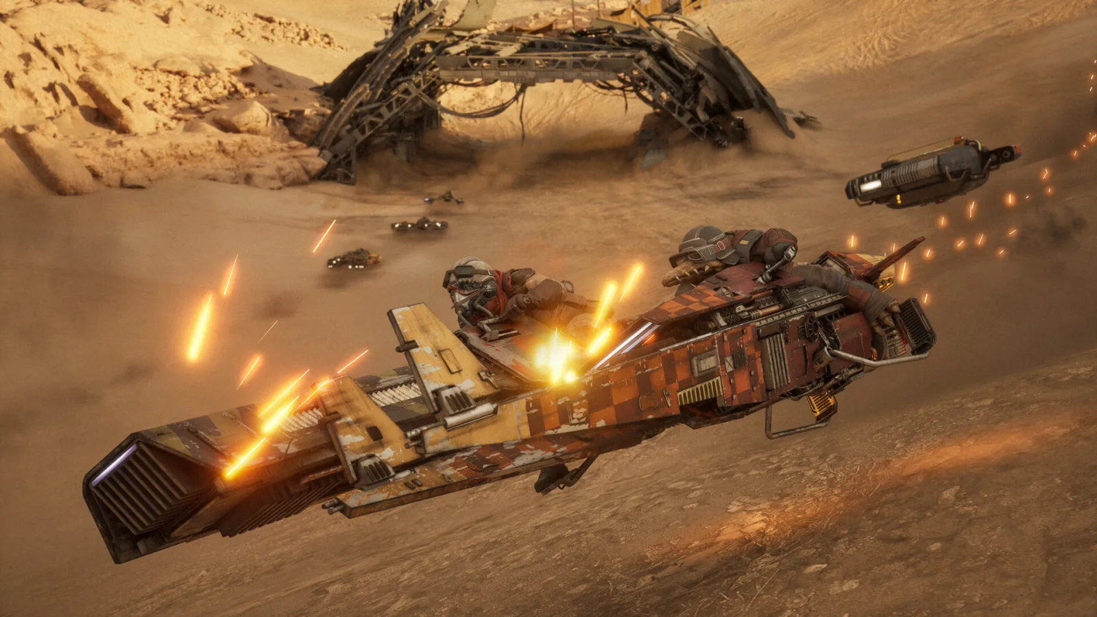 Under fire, a heavy speeder tears across the desert in Star Wars: Galactic Racer