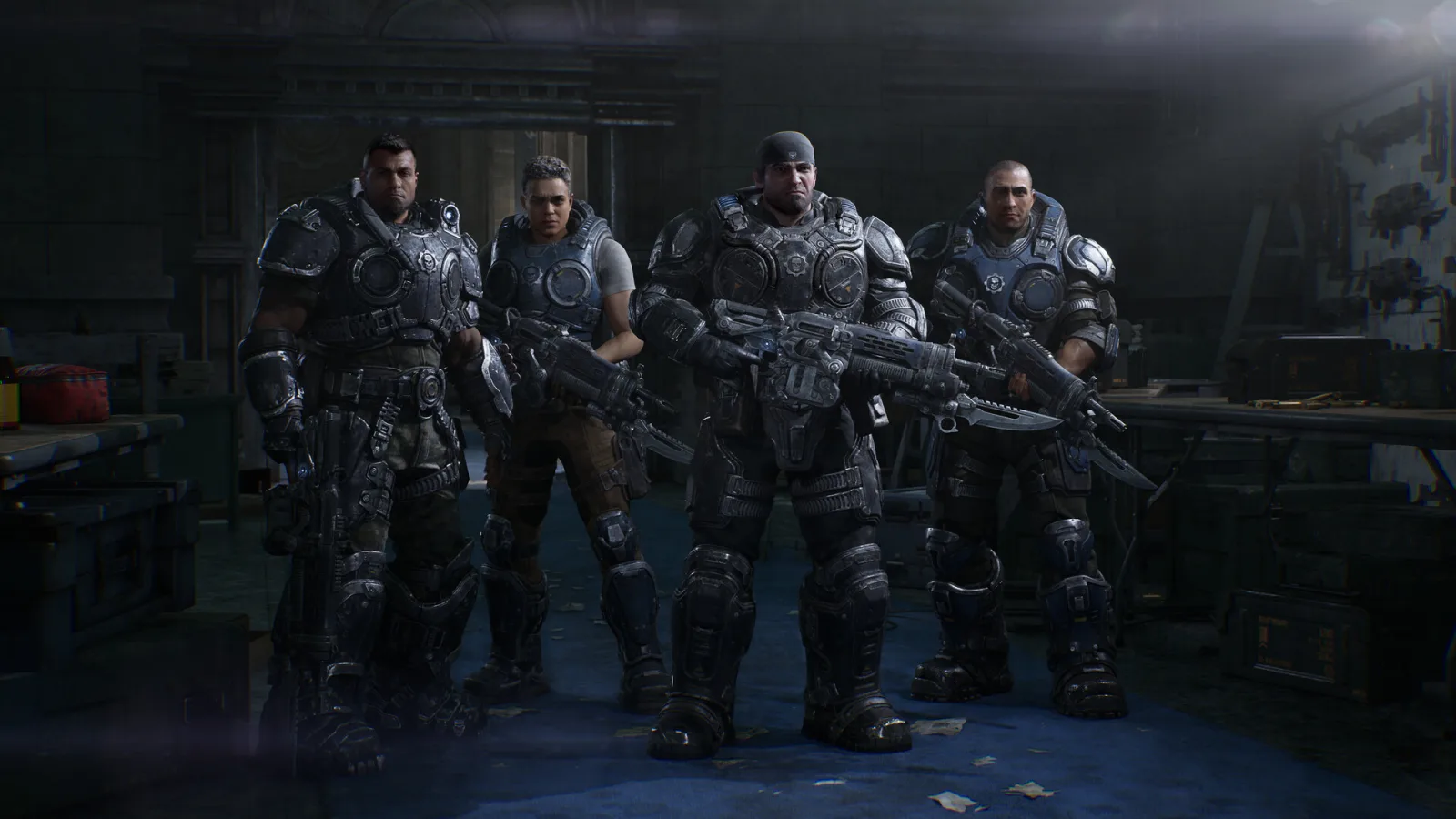 Gears of War: E-Day, four COG soldiers stand together in a dark workshop