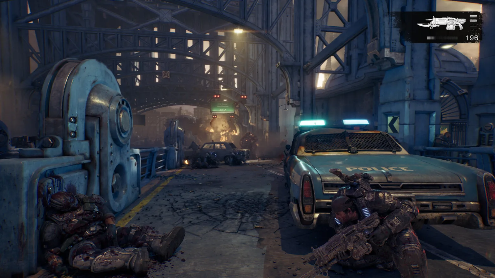 Xbox : un décor industriel de Gears of War: E-Day sous la pluie