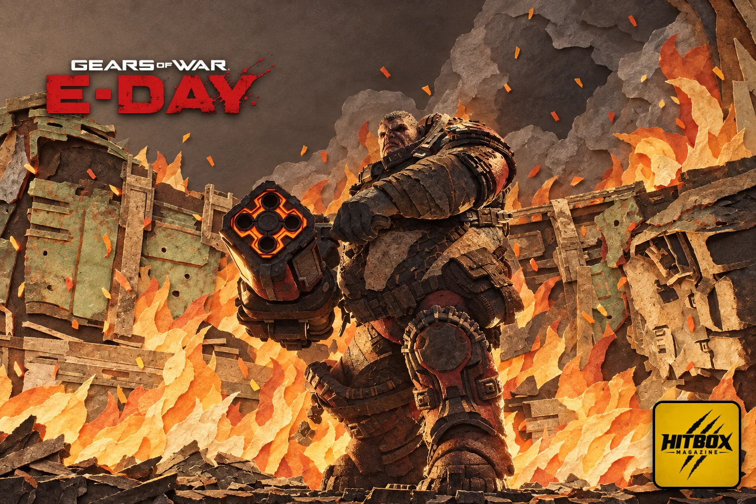 Gears of War: E-Day in paper-cut style, an armoured soldier striding through flames