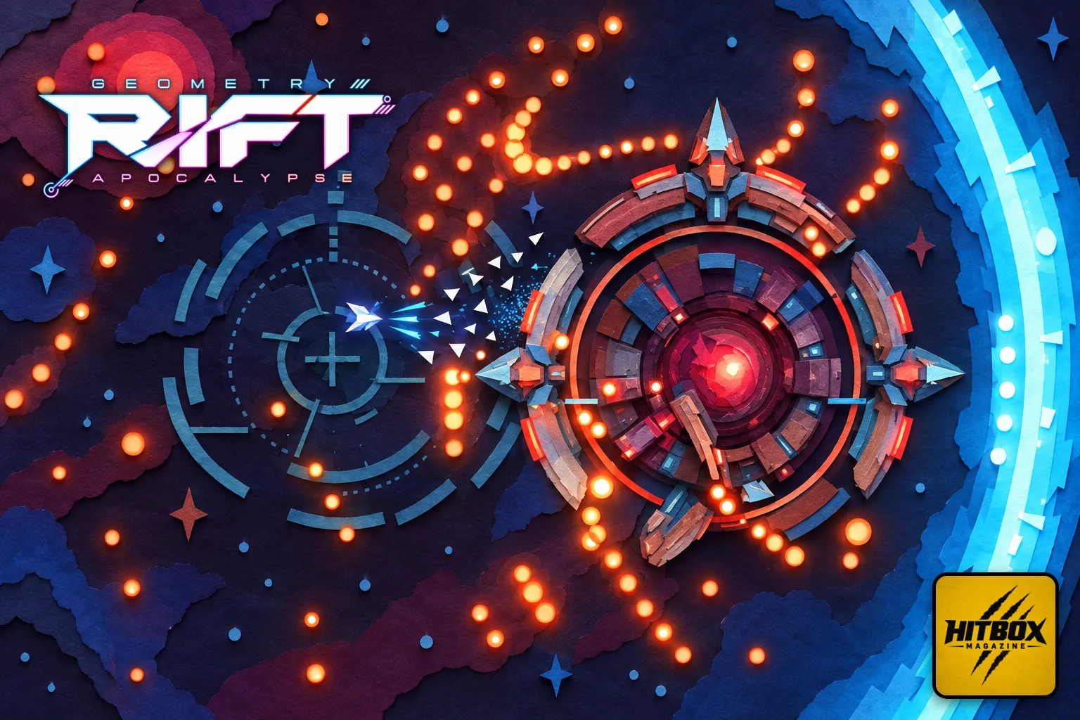 A tiny white ship fires at a huge circular boss in Geometry Rift