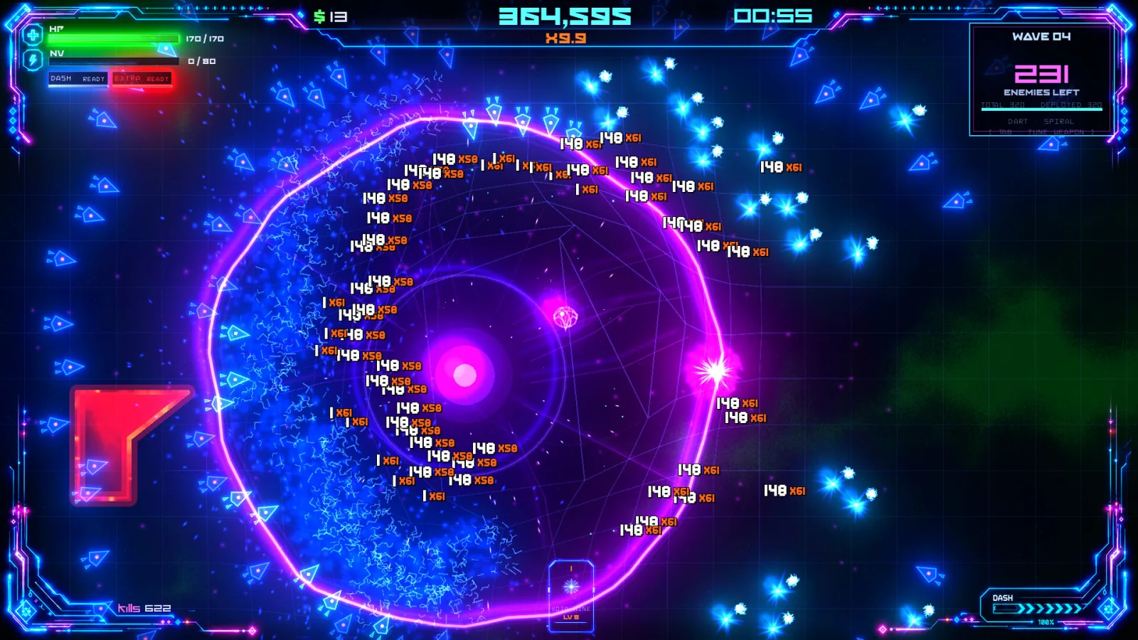 A huge violet shockwave sweeps through a swarm of blue enemies in Geometry Rift