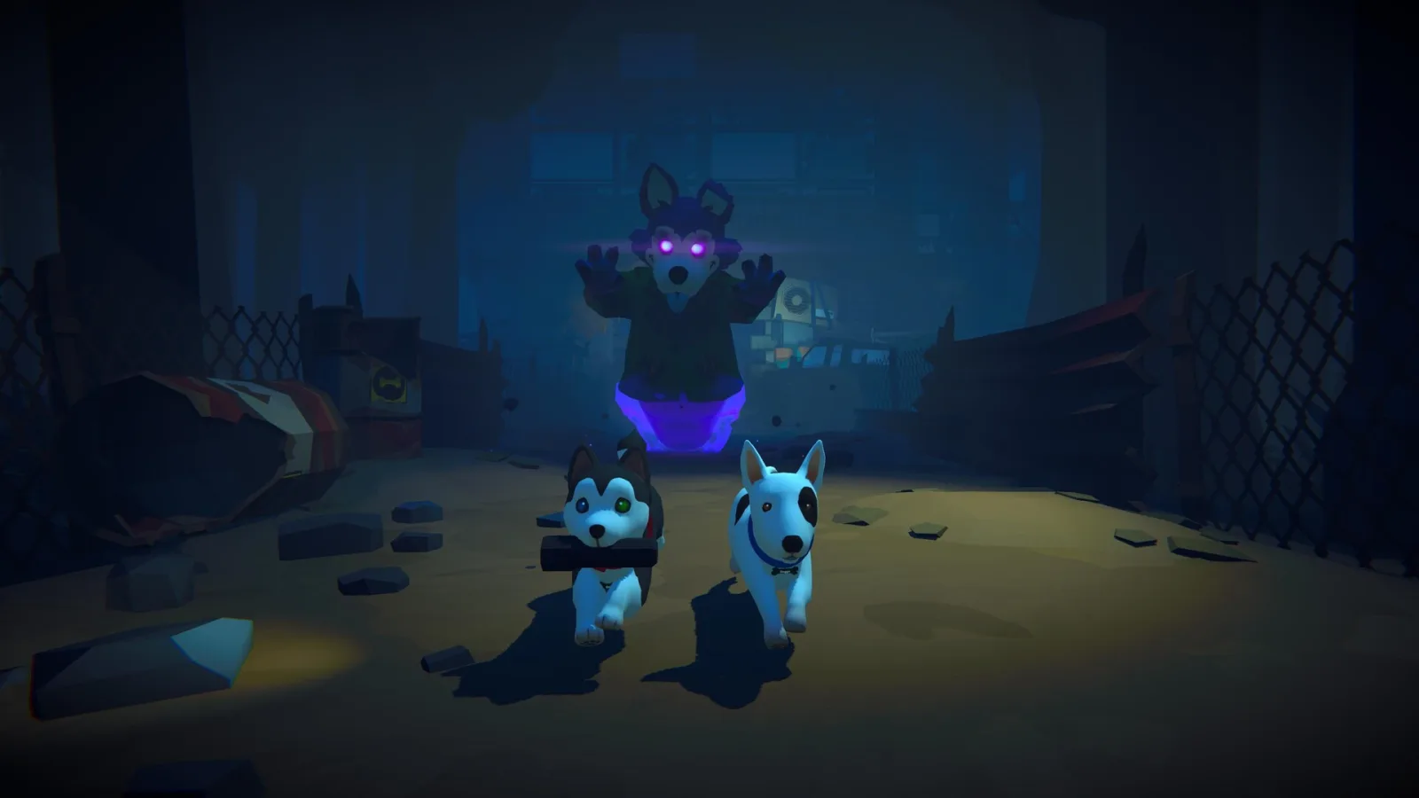 Chased by a ghostly wolf with purple eyes, two puppies bolt in Haunted Paws
