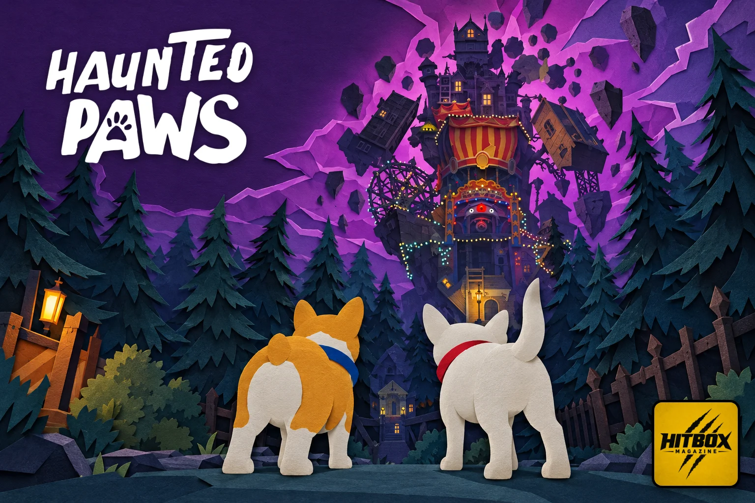 Un corgi et un bull-terrier fixent une tour-fête foraine hantée dans Haunted Paws