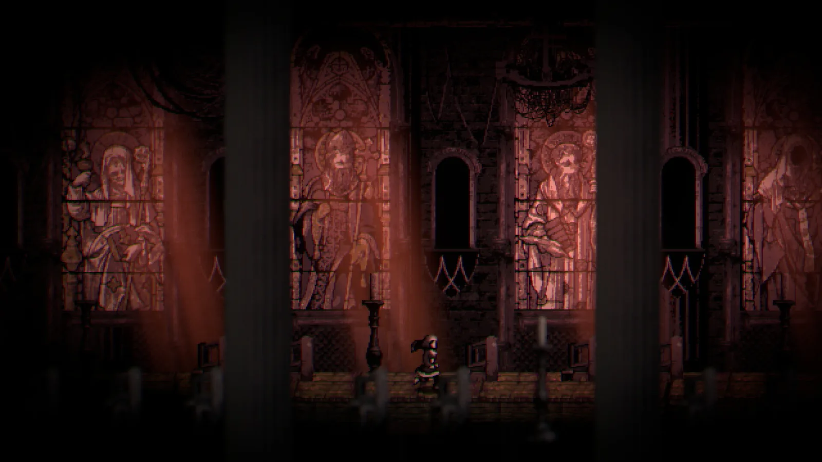 A small nun crosses a nave lined with stained-glass saints in METAMORPHOSIS