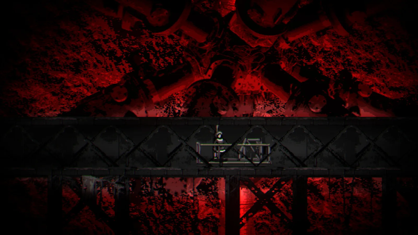 A steel walkway runs past blood-red machinery in METAMORPHOSIS