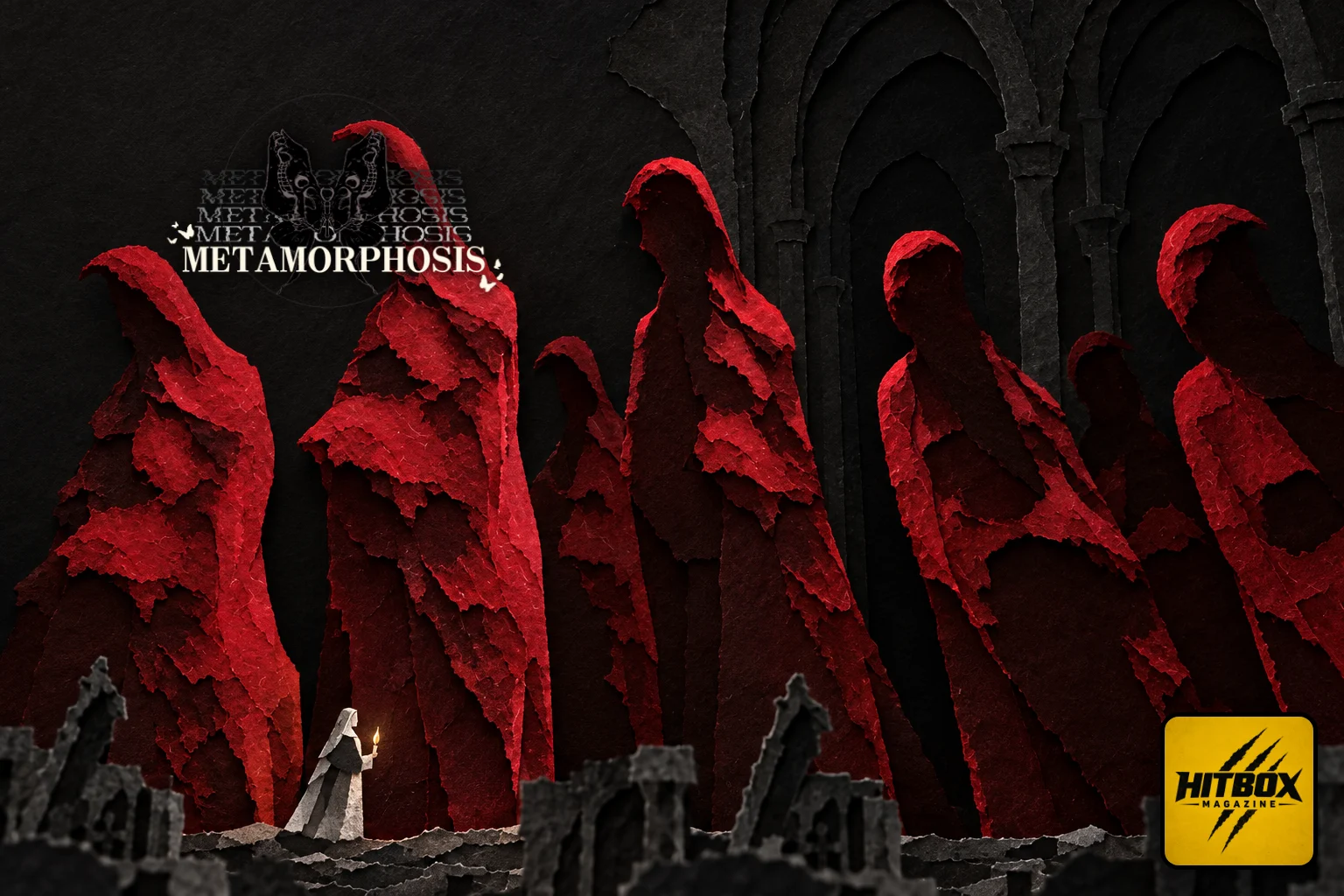 Une nonne à la bougie au pied de géants encapuchonnés de rouge, METAMORPHOSIS