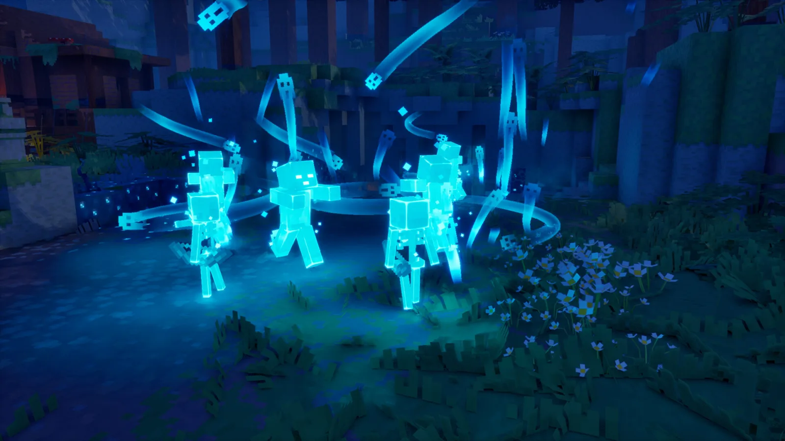 Minecraft Dungeons II: heroes surrounded by blue light effects in a dungeon