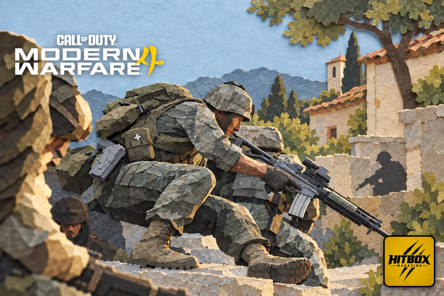 Modern Warfare 4 in paper-cut style, a squad crouching behind a wall in a storm