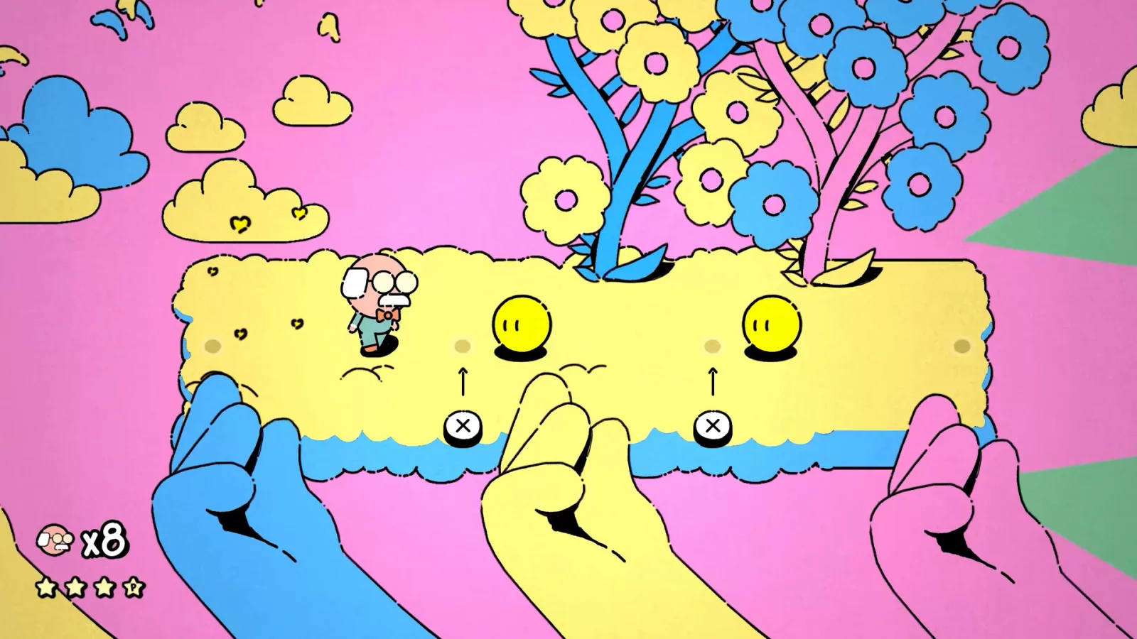 Giant hands hold up an old man's platform in MR. RECORDS at Steam Next Fest
