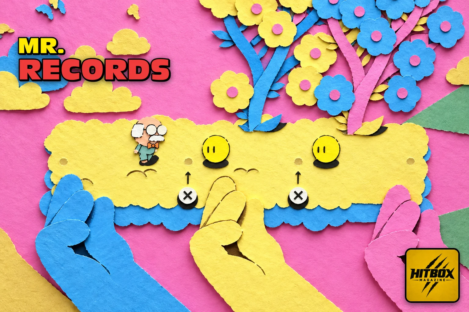 A tiny white-haired old man crosses a pink, flower-filled stage in MR. RECORDS