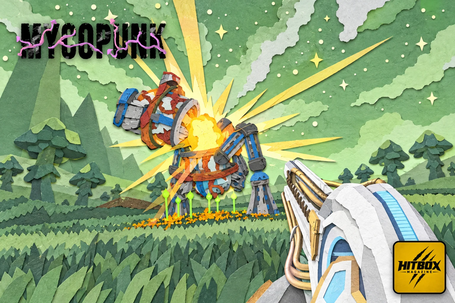 A white rifle blows apart a fungal machine on a green Mycopunk meadow