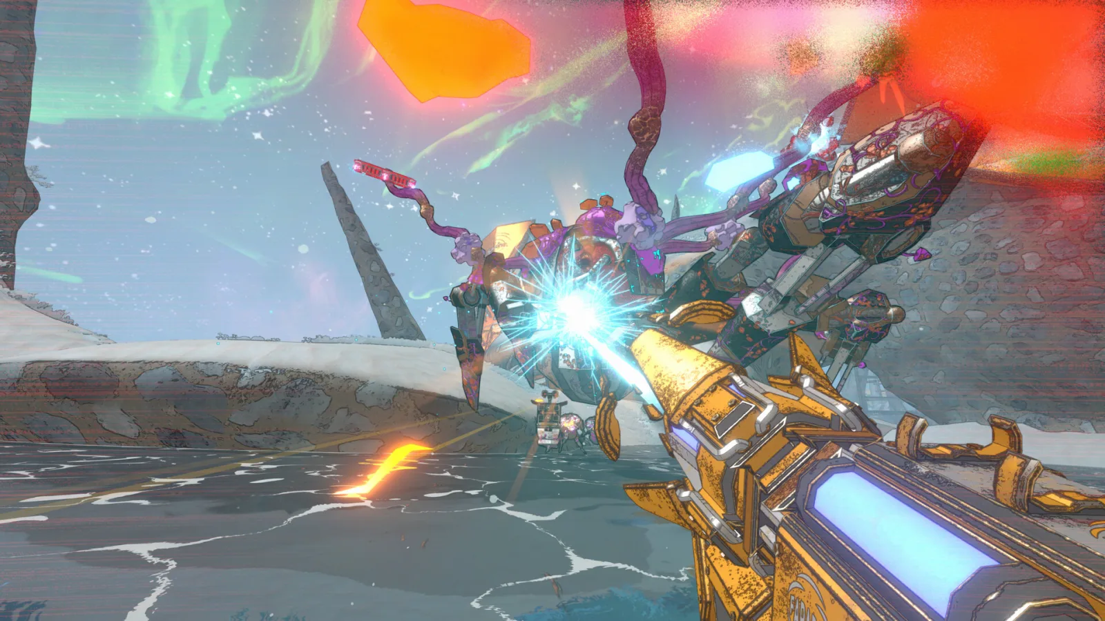 A robot unloads its golden rifle into an infected machine in Mycopunk