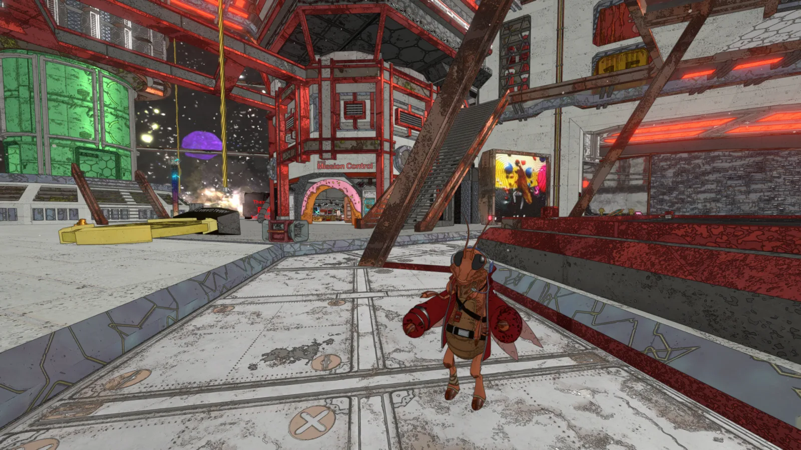 In the hangar of the Mycopunk ship, a robot walks across the empty deck between missions
