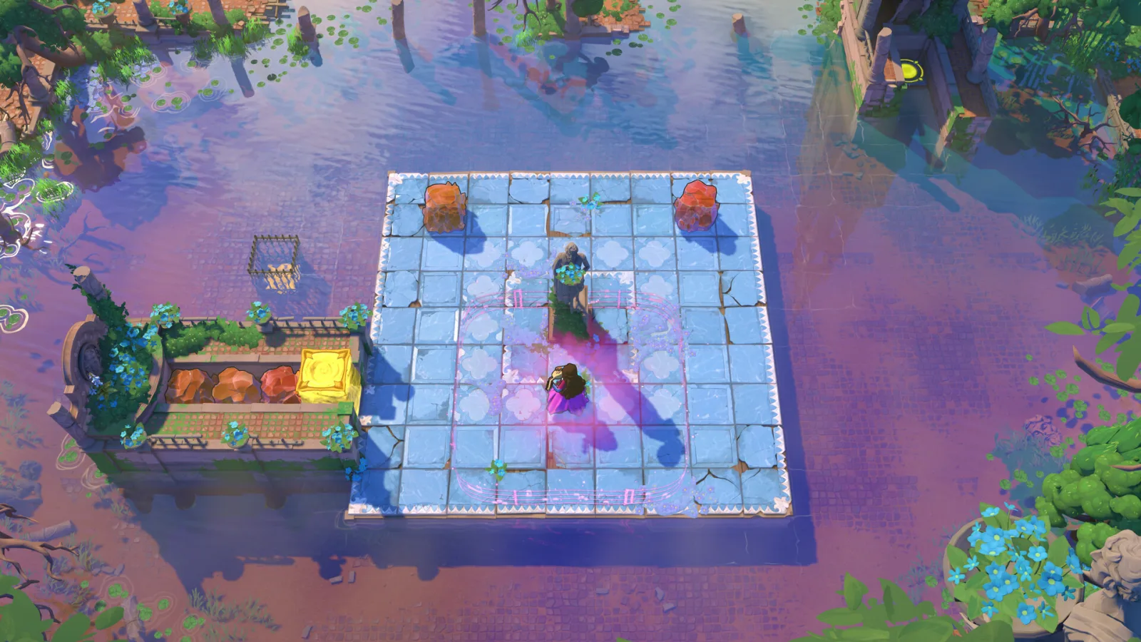 A heroine plays music on a flooded square in Order of the Sinking Star