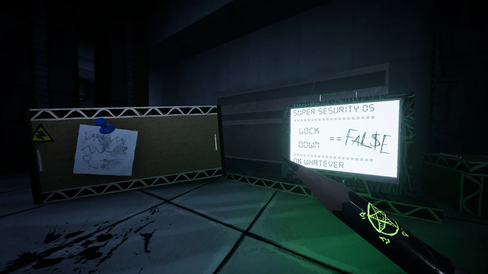 The pencil in PAPERHEAD scrawls FALSE across a lockdown screen in a dark lab