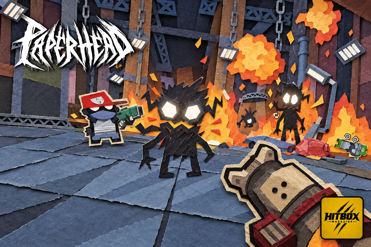 Glowing-eyed PAPERHEAD creatures face down a shotgun in a burning hangar