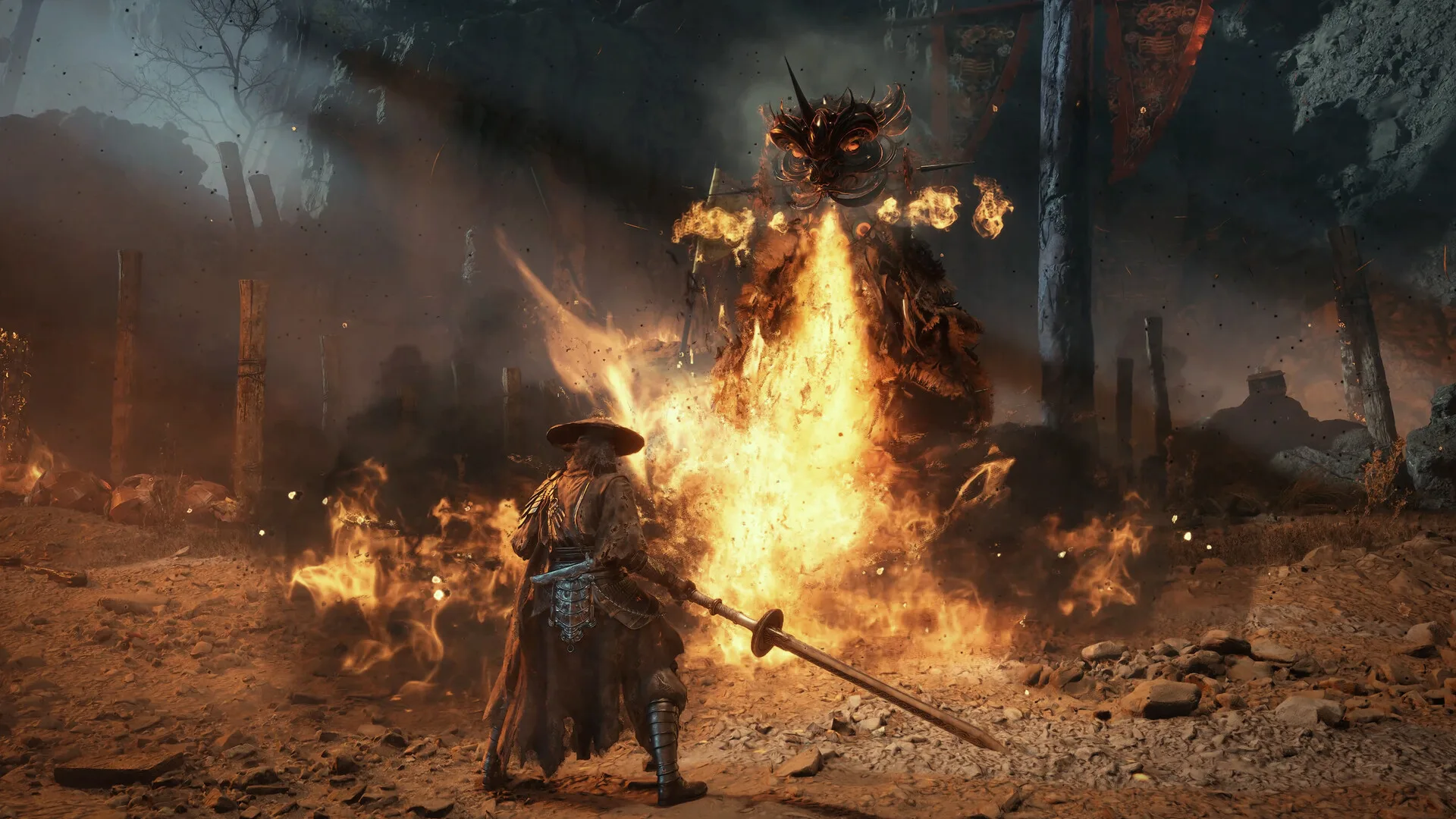A straw-hatted warrior squares up to a fire-breathing demon in Phantom Blade Zero