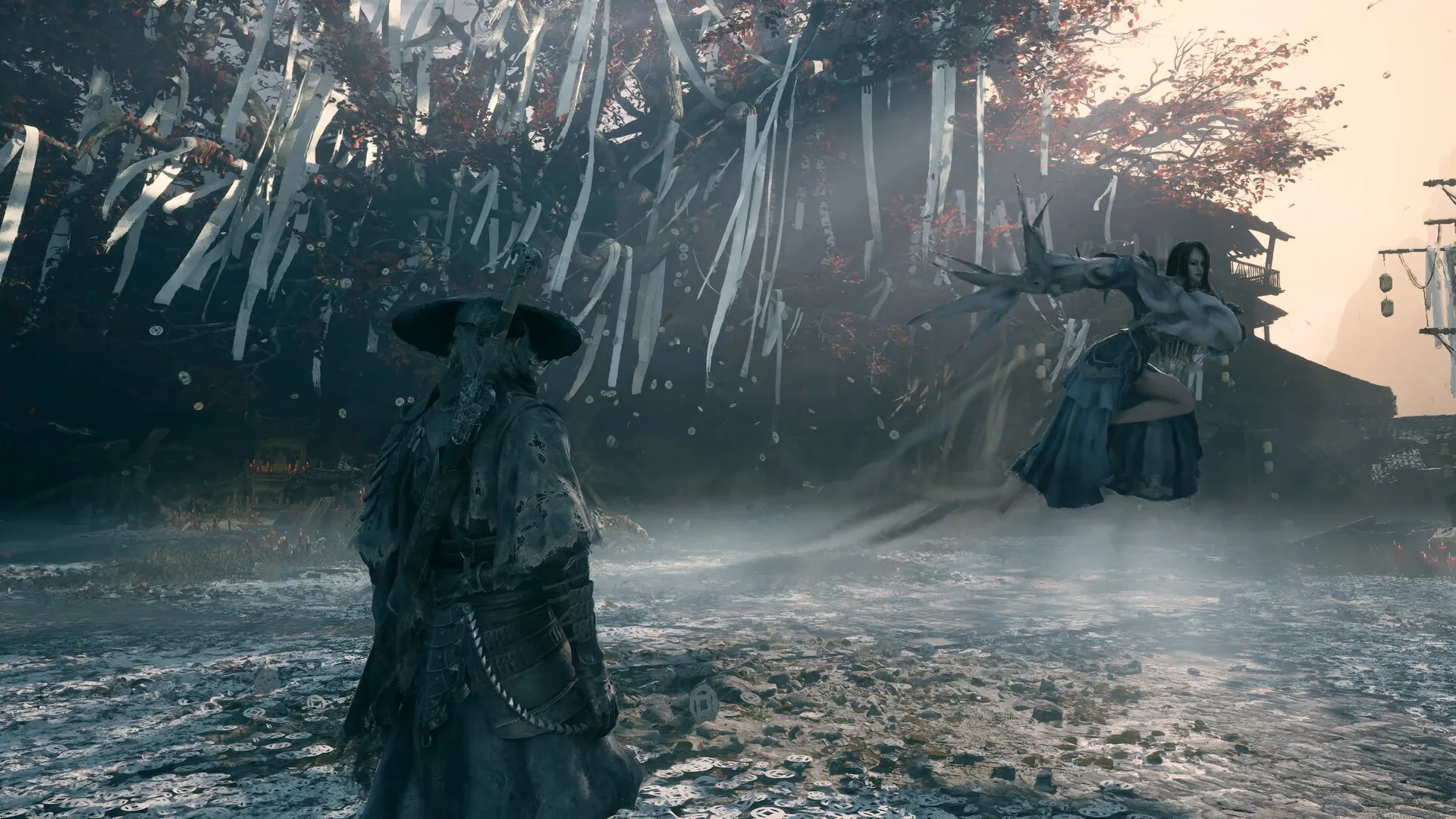 Under drifting white ribbons, a levitating foe stares down the hero of Phantom Blade Zero