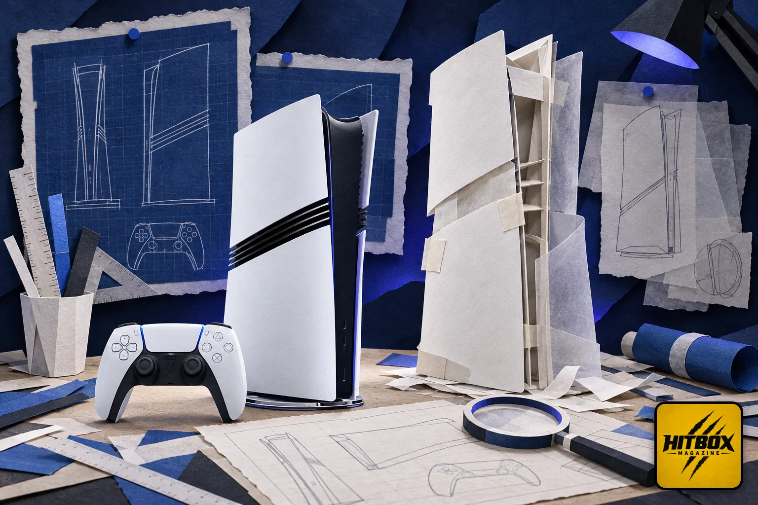 PS6 imagined in paper-cut style next to a PS5 Pro on a drawing table