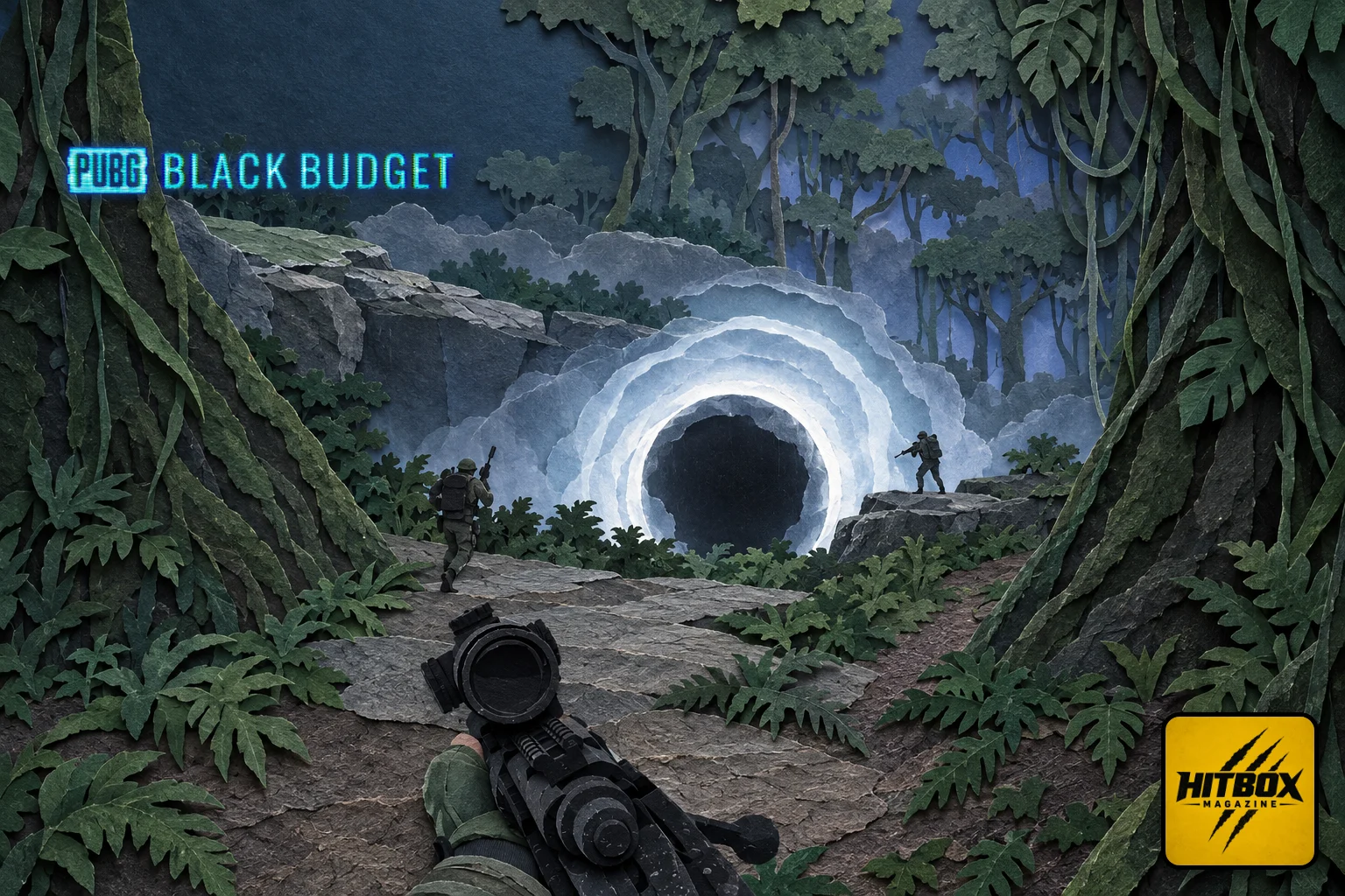 PUBG: Black Budget in paper-cut style, a soldier facing the Anomaly portal on the island