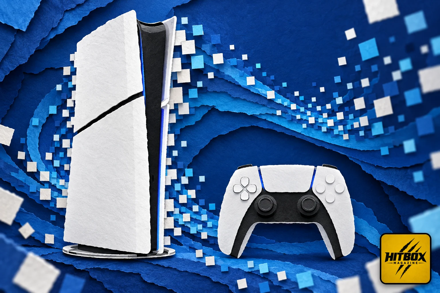 QSSR paper-cut art, a PS5 console surrounded by pixels snapping into place