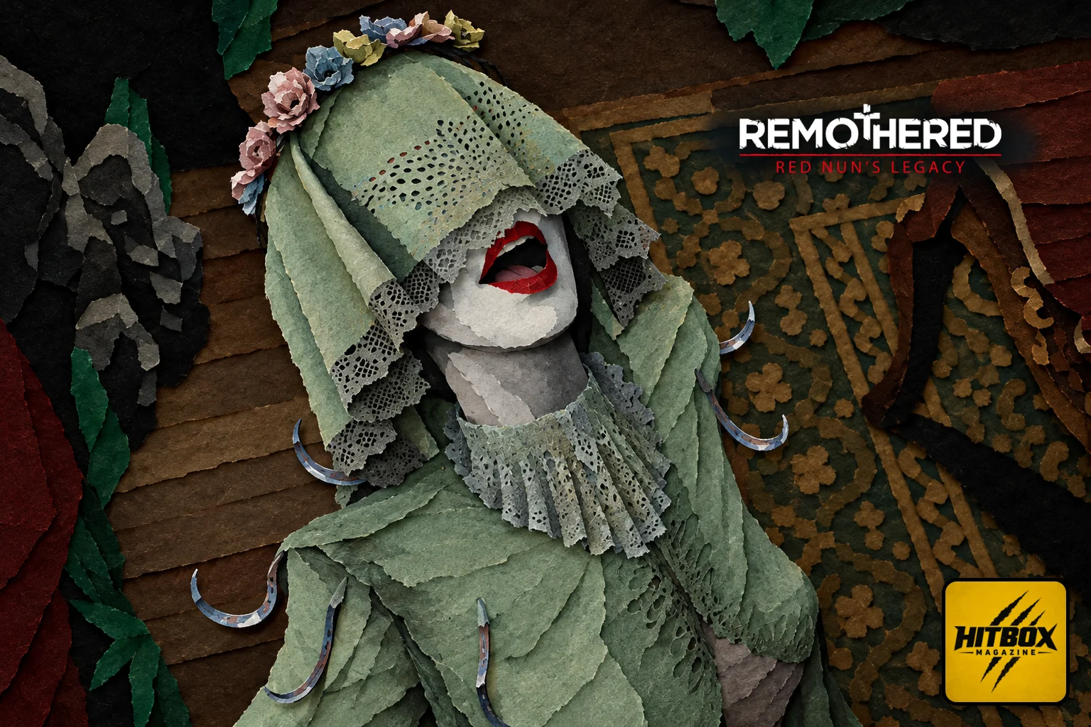 Une mariée au voile vert et aux lèvres rouges fixe Susan dans Red Nun's Legacy