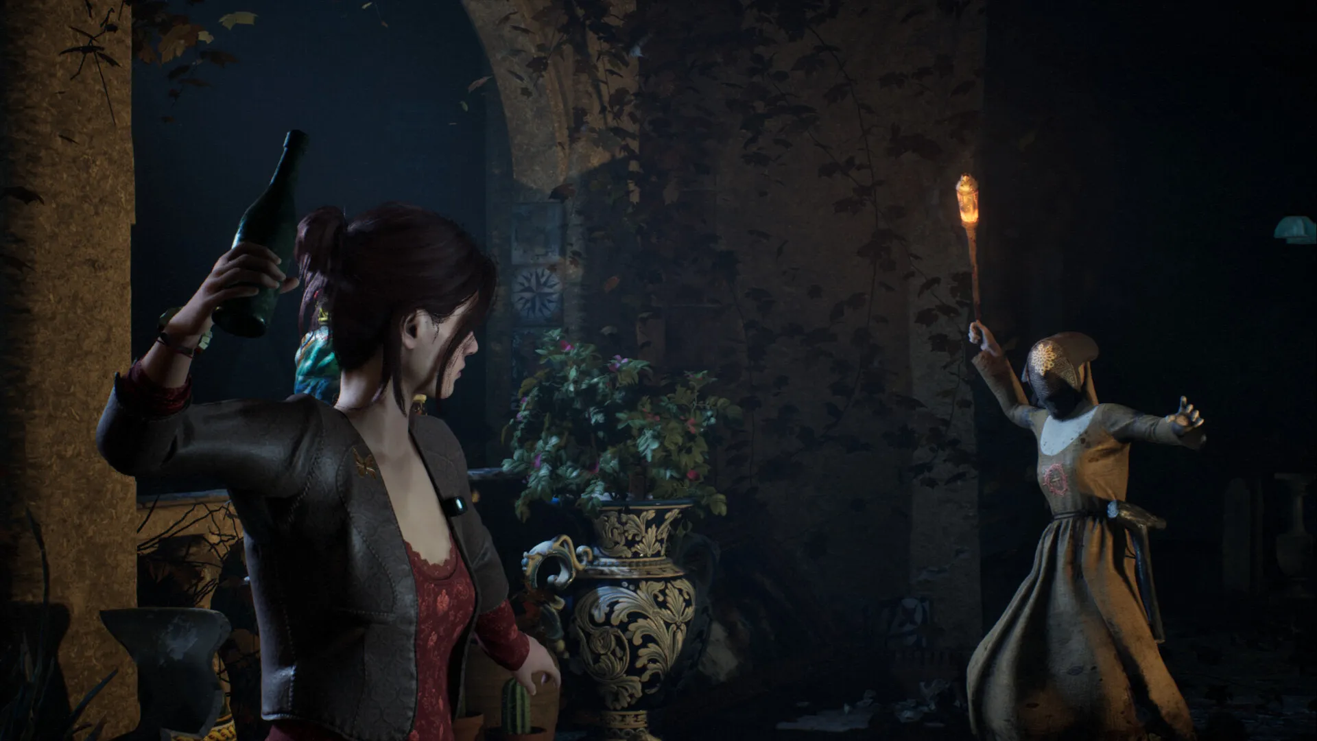 Une bouteille en main, Susan fait face à une traqueuse qui brandit une torche dans Red Nun's Legacy
