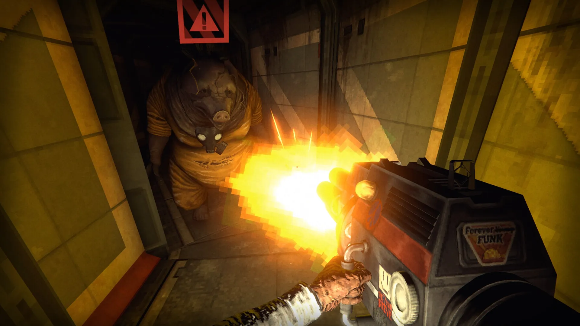 The RetroSpace janitor turns a flamethrower on a hulking mutant in a yellow corridor