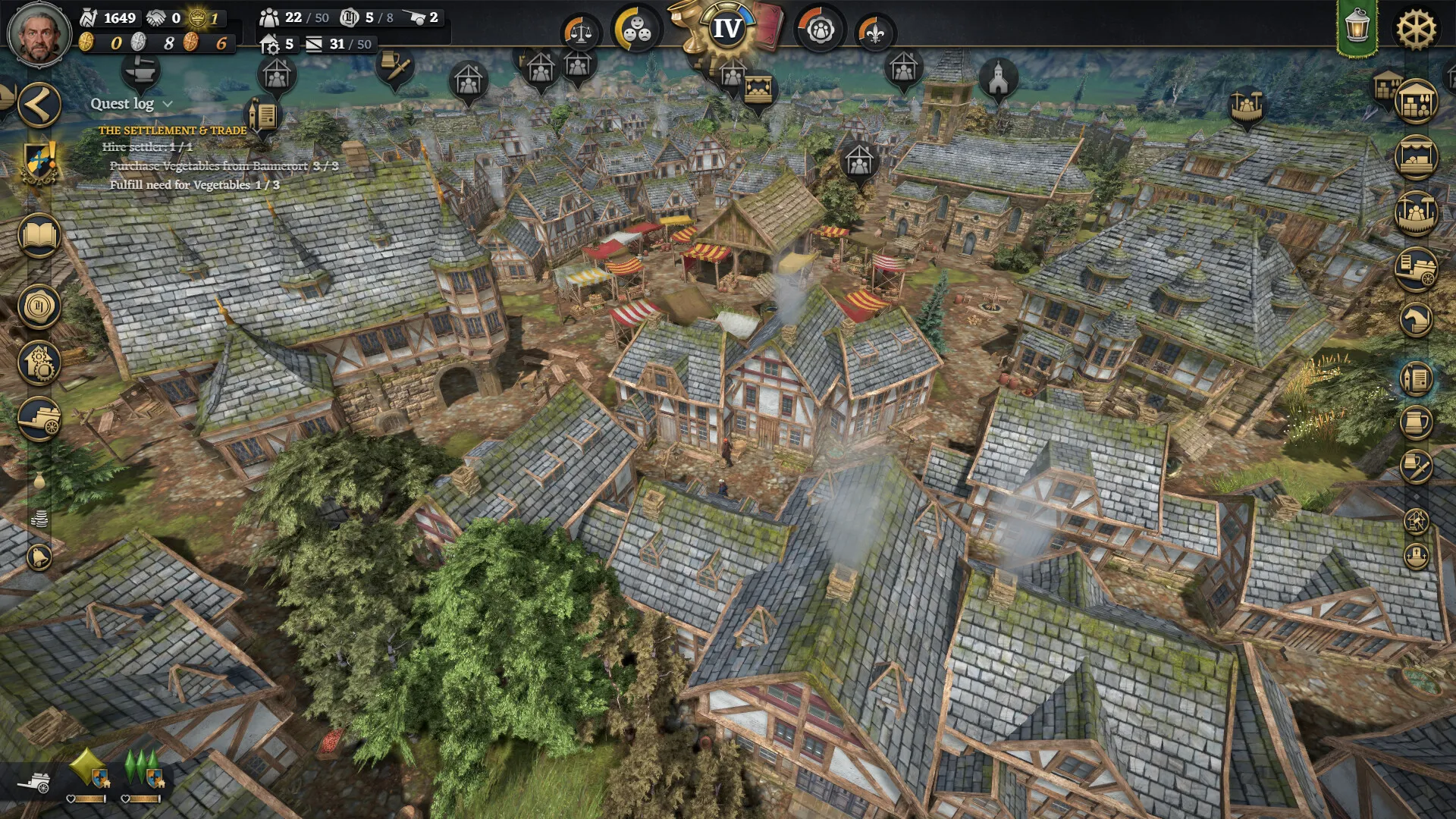Striped market stalls sit at the heart of a half-timbered Rise of the Merchants town