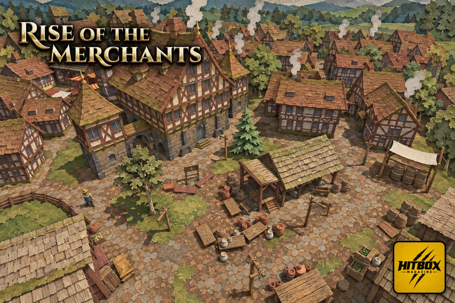 Chimney smoke drifts over the rooftops of a busy Rise of the Merchants market town