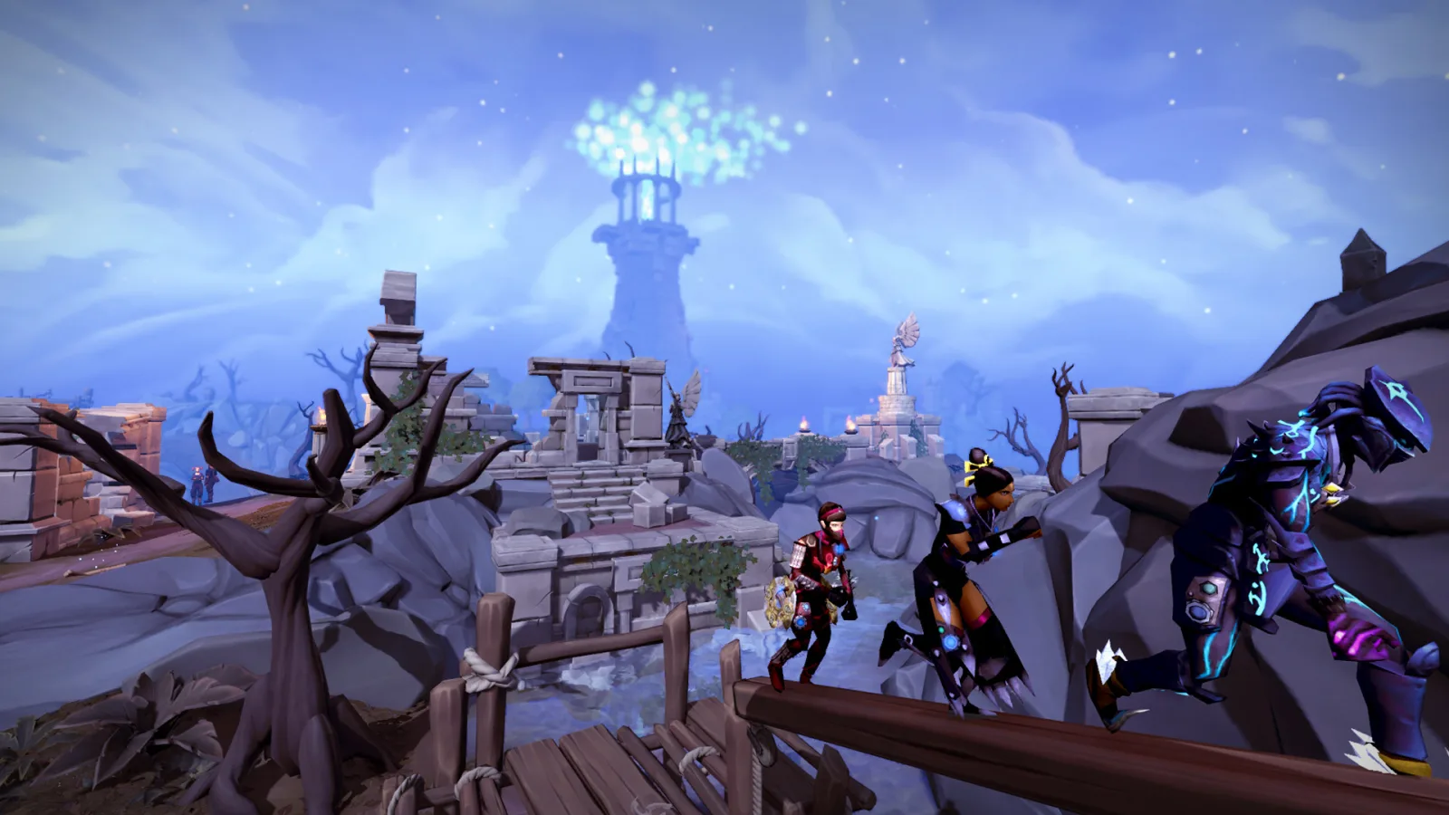 RuneScape, trois aventuriers grimpent vers des ruines sous un phare lumineux